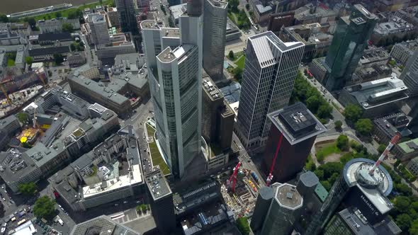 AERIAL: Breathtaking Rising View of Frankfurt Am Main, Germany Skyline, Sunny with Overcast