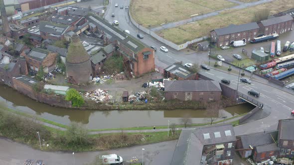 Aerial view of Kensington Pottery Works an old abandoned, derelict pottery factory and bottle kiln l