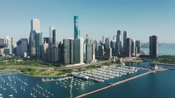 Drone Flying Over Lake Michigan with Moored White Sailing Boats and Yachts