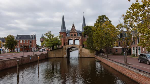 Day Time Lapse with clouds and Gate Waterpoort in Sneek, Friesland, The Netherlands