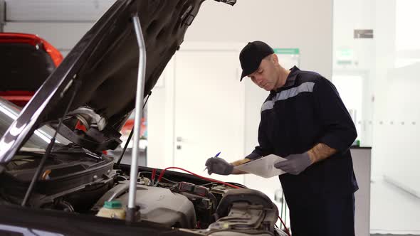 Mechanic in a Auto Repair Shop Checking Engine Using a Tablet