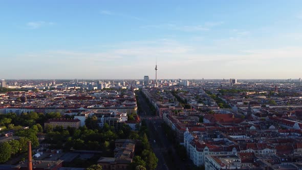 The Berlin TV Tower is visible from every part of the city Fantastic aerial view flight panorama ov