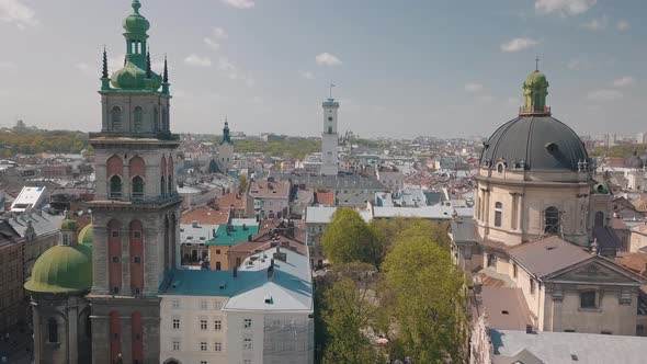 Lvov, Ukraine. Aerial City Lviv, Ukraine. Panorama of the Old Town. Dominican