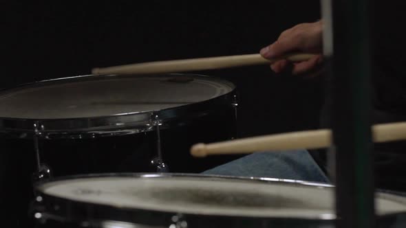 Close Up of Drummer Playing on Drum Kit Slow Motion