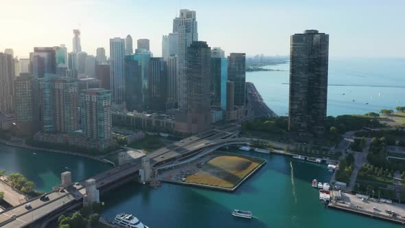 Cinematic Modern Business District in Chicago Downtown with Lake Michigan View