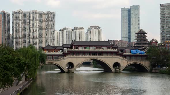 Chengdu Anshun Lang Bridge Aerial Cityscape China Timelapse Pan Up