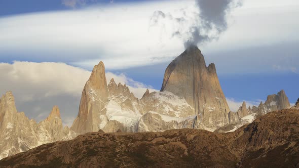 Mediun shot of Mount Fitz Roy with clouds on the top in Patagonia Argentina