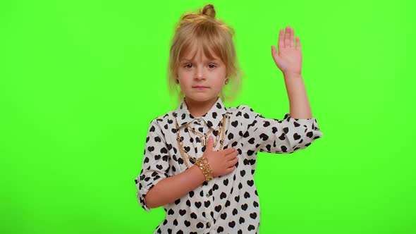 Child Kid Swear to Be Honest Aising Hand to Take Oath Promising to Tell Truth Keeping Hand on Chest