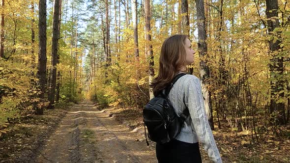 The Girl Walks Through the Autumn Forest