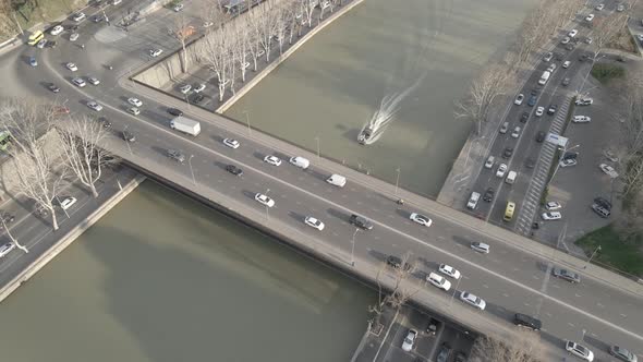 Tbilisi, Georgia - April 5 2021: Aerial view of Baratashvili Bridge and Public Registry.