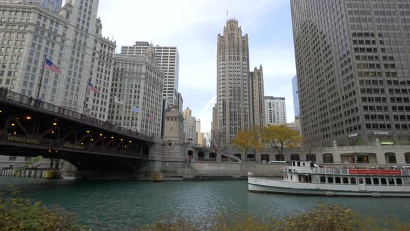 Boat near the DuSable Bridge in Chicago