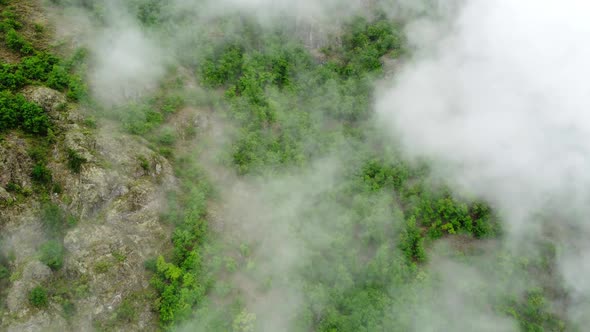 Clouds Over Green Mountain Forest at Summer Beautiful Nature Aerial Landscape with Morning Mist Fog