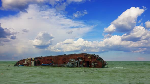 Sunken Tanker Ship in the Sea After the Massive Storm