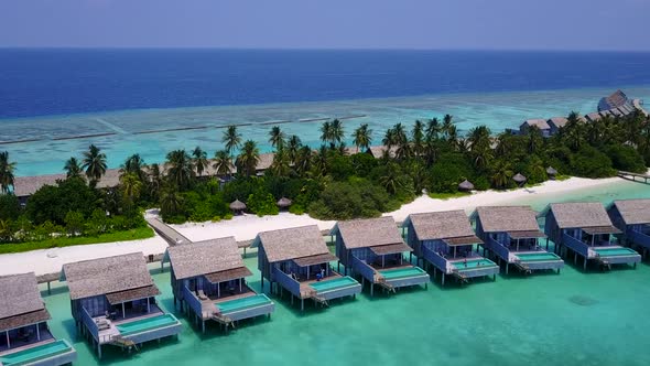 Aerial drone seascape of island beach wildlife by blue lagoon with sand background