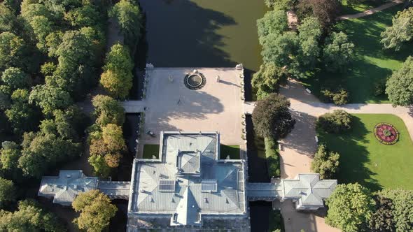 Aerial view of Palace on the Water in Warsaw Royal Baths (Lazienki Park), Poland