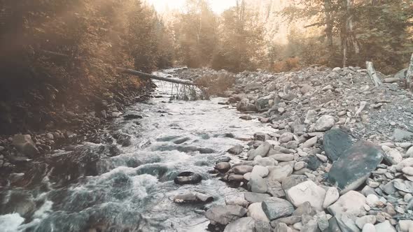 Aerial Flight Mountain River in Autumn Forest