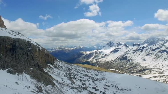 Travel with cable car to summit of Sass Pordoi view to the valley, Dolomites, South Tyrol