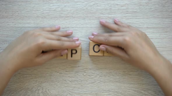 Keep Calm Hands Turning Words on Wooden Cubes Positive Thinking and Motivation