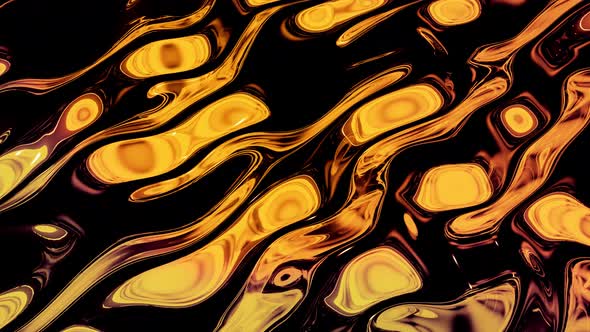 Looped Abstract Background with Wavy Sparkling Golden Liquid Pattern on Shiny Glossy Surface