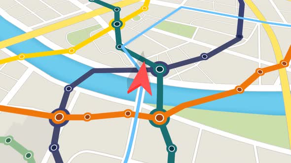 GPS map. An arrow follow a path. Navigation city map transportation. Travel.