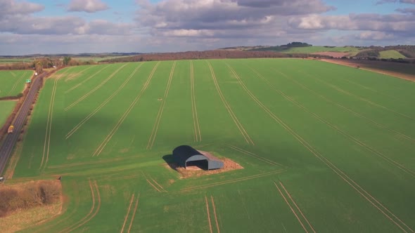 Rural farming countryside in Dorset, England. Aerial drone view