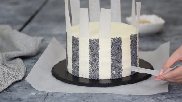 Unrecognizable Woman Pastry Chef Decorates Cake with Poppy Seeds