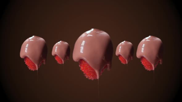 Isolated Strawberries on Brown Background Are Spinning and Poured By Melted Chocolate, Fresh Tasry