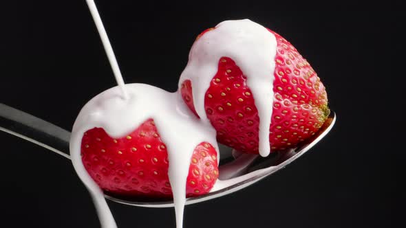 Two Strawberries on a Metal Spoon and Topped with Cream