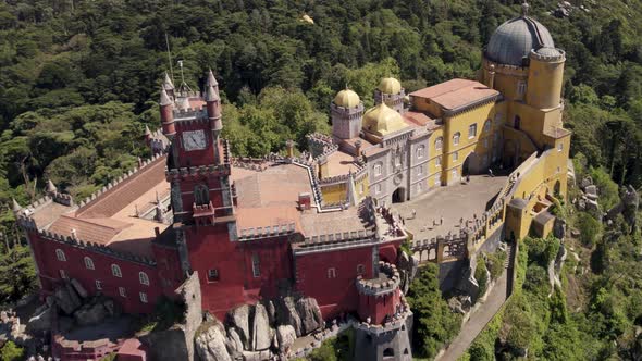 Aerial birds eye view of tourist hotspot, Pena palace the historical site in Sintra Portugal.