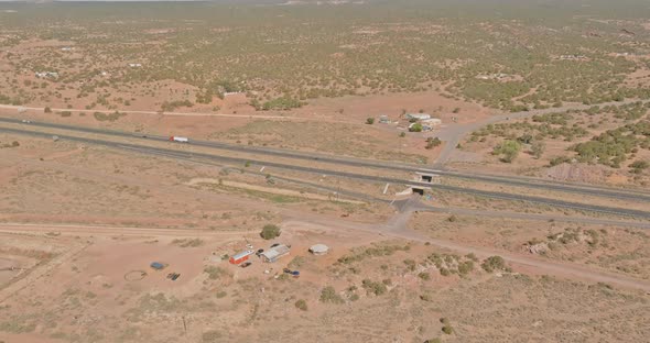 Aerial view of highway road in the New Mexico desert Southwestern USA