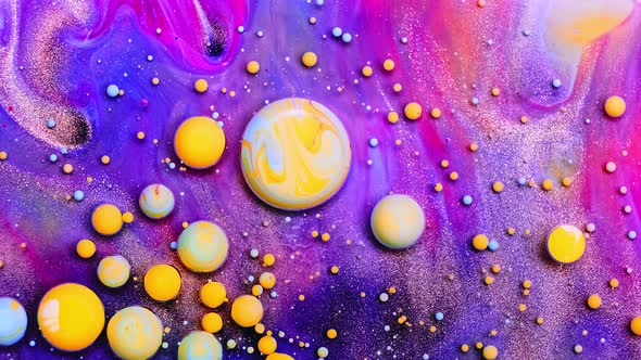 Bubble Liquid Floats in a Paint. Mixing of Paint, Oil and Milk. Gorgeous Colorful and Bright