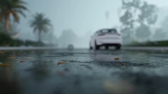 Drive Car In Rain On Asphalt Wet Road