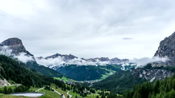 Dolomites mountains Corvara in Badia timelapse, Italy