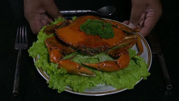 Two Hands Placing a Crab Dish