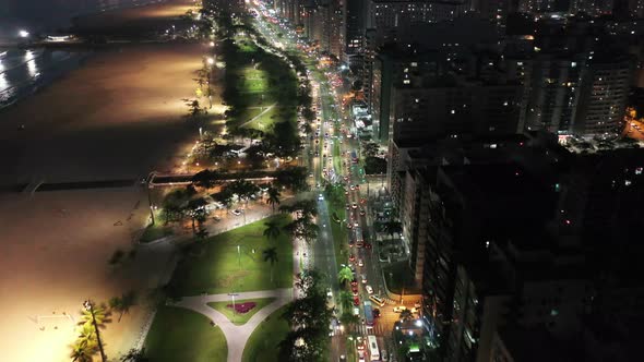 Night scape of coastal city of Santos state of Sao Paulo Brazil.