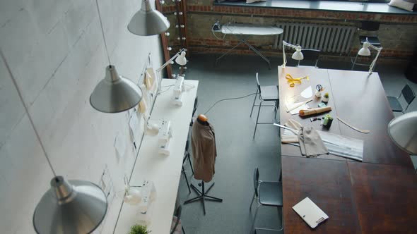 Top View of Modern Tailoring Studio with Furniture and Dummy and No People Around