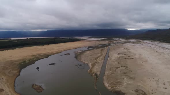 Aerial views over the very dry Theewaterskloof dam in the drought stricken western cape of south afr