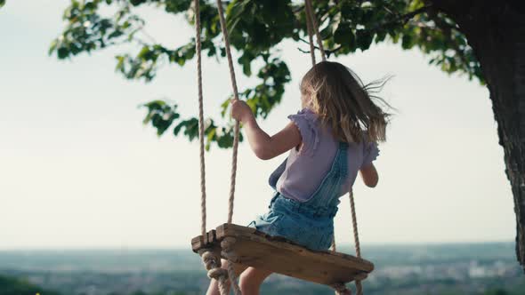 Rear view blonde girl swinging high in summer day