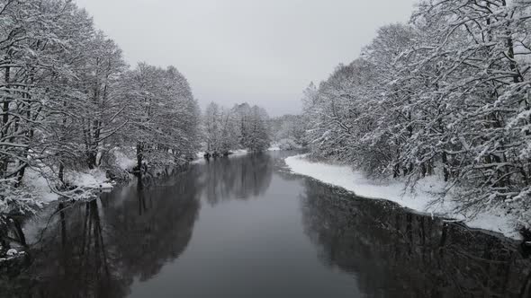 Calm water flow, river surrounded by white snowy winter forest. Aerial pullback