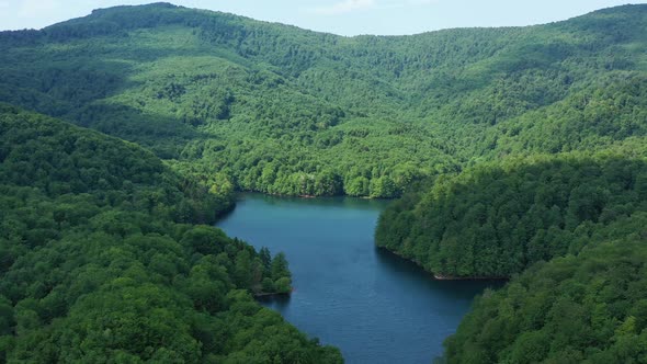 Aerial view of Morske oko lake in Remetske Hamre village in Slovakia