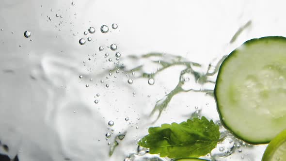 Person Throws Cucumber Lime and Mint Leaves Into Water