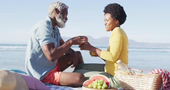 Happy african american couple having picnic on sunny beach