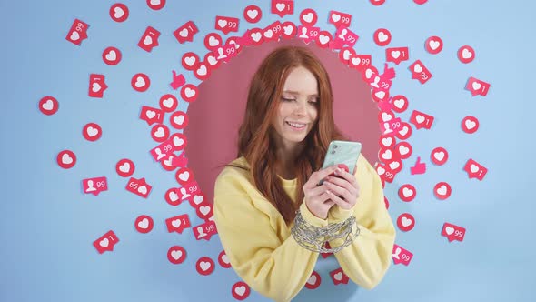 Woman with Red Hair Who Has No Other Interests Than a Smartphone She Can Not Live Without the