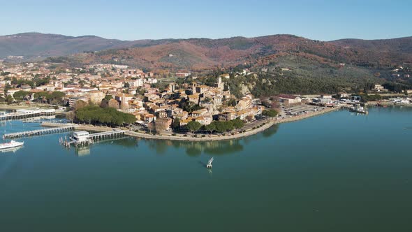 Aerial view of Passignano sul Trasimeno, Perugia, Umbria, Italy.