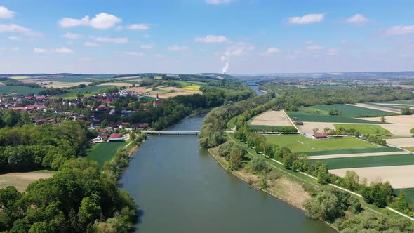 Flight over river Isar, village Loiching near Dingolfing in Bavaria, Germany