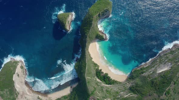 Aerial View at Ocean and Rocks on Kelingking Beach, Nusa Penida, Bali, Indonesia