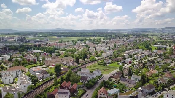 Aerial view over the city of Bülach in Switzerland while summer.