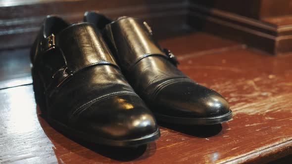 Men's Shoes. Close Up of Black Leather Men's Shoes. Stylish Black Shoes for the Groom.