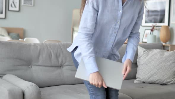 Curly Hair Woman Leaving Creative Workplace after Completing Work