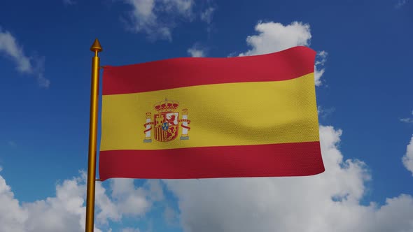 National flag of Spain waving with flagpole and blue sky timelapse, Spain flag